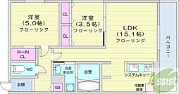 札幌市営東豊線 月寒中央駅 徒歩1分の賃貸マンション 2階2LDKの間取り