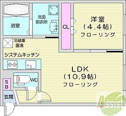 グランデール南郷 4階1LDKの間取り