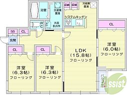 クラリス南9条 3LDKの間取図画像