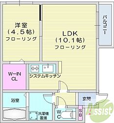 ハーネス南11条 1LDKの間取図画像