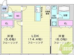 札幌市北区新琴似十条1丁目マンション 2LDKの間取図画像