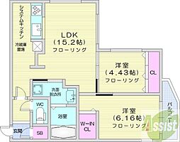 シンシア北8条 2LDKの間取図画像