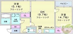 トレヴェンティ美術館西 2DKの間取図画像