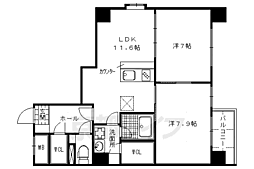京阪本線 三条駅 徒歩9分の賃貸マンション 3階2LDKの間取り