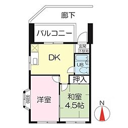旭ロイヤルハイム 4階2DKの間取り