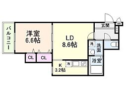 コウジィコート野崎 2階1LDKの間取り