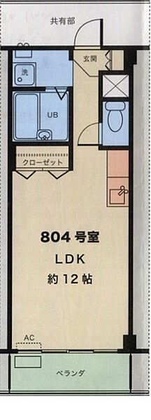 約12帖のゆとりあるワンルーム。南向きバルコニーに面した開放的な居室は家具配置もしやすく、バス・トイレ別、室内洗濯機置場、クローゼットも備えた暮らしやすい間取りです。
