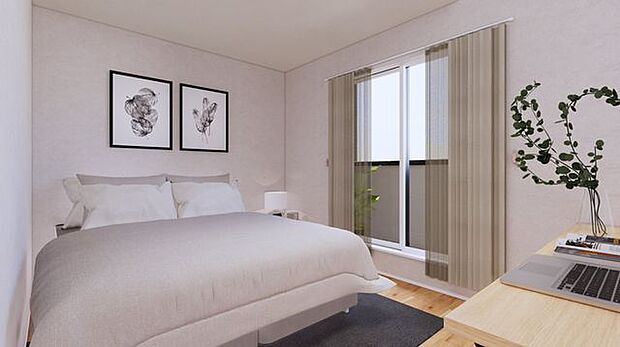 寝室には、ウォークインクローゼットとバルコニー付きとなっています。白い家具が合う、エレガントなデザインです。※パースはイメージです。