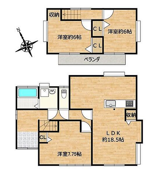 【間取り】1階1部屋、2階2部屋の3LDKです。キッチン横にスペースがあるのでダイニングテーブルを置いて食事を楽しむのも良さそうですね！