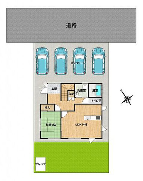 【区画図】普通車4台並列駐車可能です。
