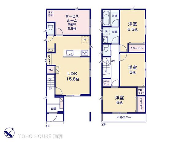 5号棟【間取り-3SLDK-】LDK15.8帖・対面キッチン・リビングカウンター&収納・2階浴室