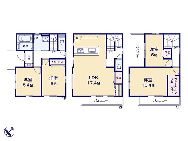 【間取図】 LDK17.4帖・対面キッチン/主寝室10.4帖・ウォークインCL付/バルコニー3か所