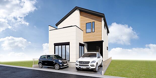 【-完成予想パース-】  堂々たるファザード。優美に佇む外観。暮らす家族と来訪者の目をの楽しませる演出。