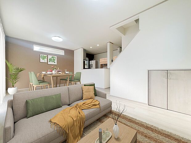 【リビングダイニング】シンプルなデザインの家は風情がある。住む人のこだわりを感じる。外観も内装もいたってシンプル。家具はCGです。