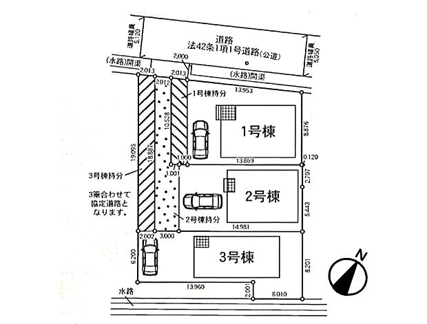 【区画図】1号棟: 4LDK / 敷地154.03m2 / 延床100.44m2  2号棟: 4LDK / 敷地167.54m2 / 延床96.30m2  3号棟: 3LDK+タタミコーナー…