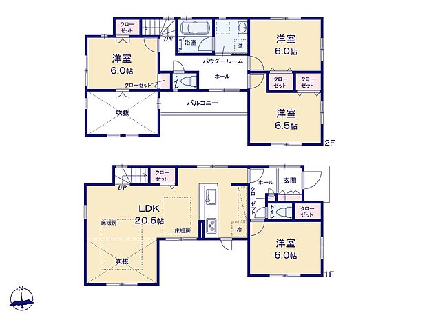 【間取-B号棟-】20.5帖のゆったりLDKには吹き抜け勾配天井があり、明るい暮らしを演出します。