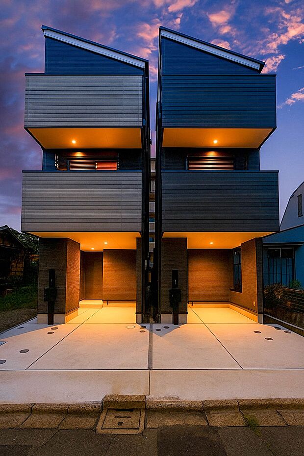 【外観-C号棟-】与野駅徒歩4分の好立地。駅チカでも落ち着いた街並みとなっております。  ※CG加工による、ライトアップとなります。実際の夕暮れ時の雰囲気とは異なる場合がございます。