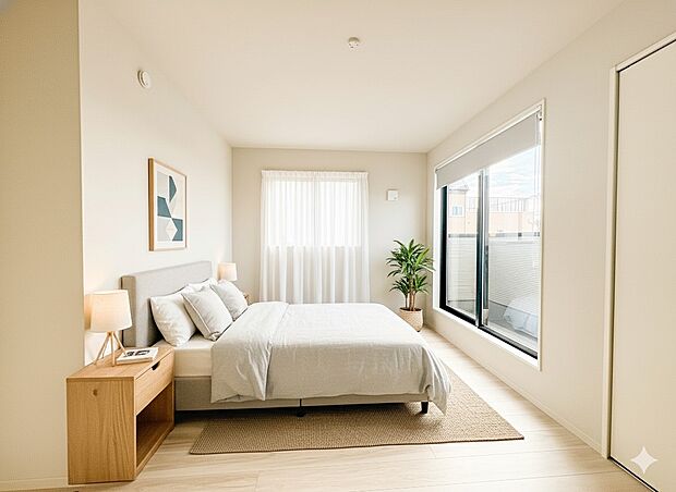 1号棟【寝室】大きな窓からたっぷりと陽光が注がれる明るい空間。※家具はCGです