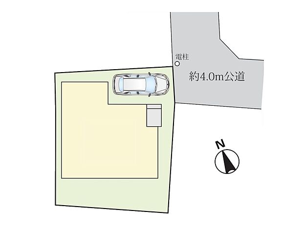 【区画配置図】建物南側に「庭」・公道4mに接道間口2.94m・敷地33坪(109.87m2
