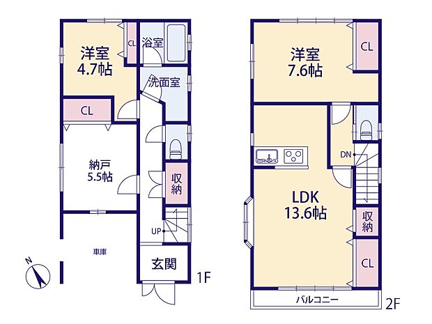 【間取り図】 2LDK+S土地面積： 76m2建物面積： 92.68m2　2階　LDK13.6帖　洋室　7.6帖