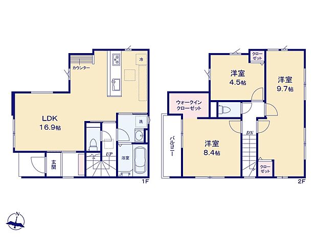 【間取り図】生活しやすい2階建て！角地で日当たり、通風良好！