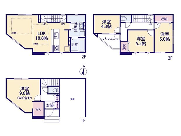 3号棟【間取り図】LDK18.8帖 床暖房あり 水回り2階集中型