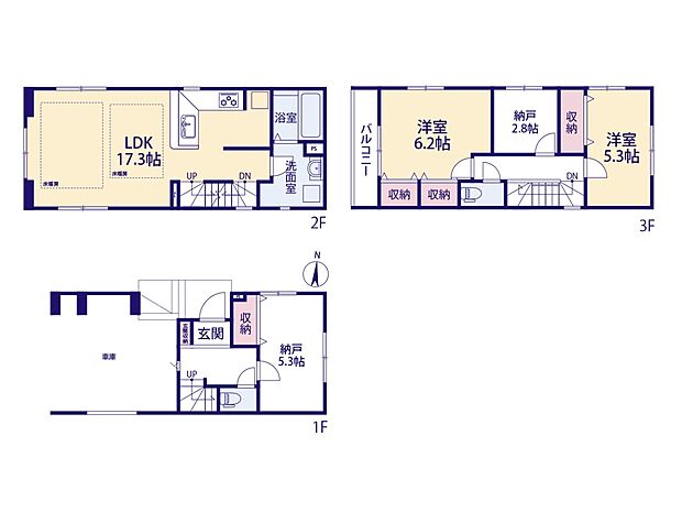 1号棟【間取り図】LDK17.3帖 床暖房あり 水回り2階集中型
