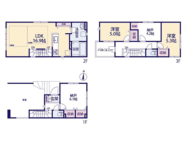 2号棟【間取り図】LDK16.9帖　床暖房あり　水回り2階集中型　