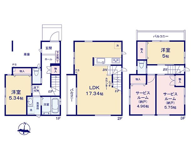 1号棟【間取り図】LDK17.34帖 リビング折上天井 室内物干し設置