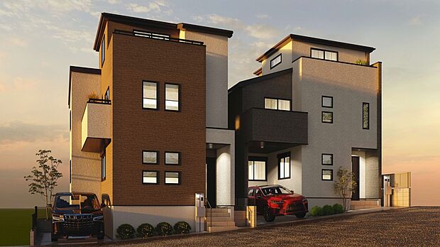 【-完成予想パース-】  堂々たるファザード。優美に佇む外観。暮らす家族と来訪者の目をの楽しませる演出。