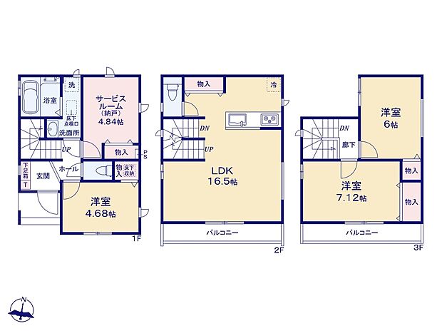 【間取り】E号棟 3LDK+S 広々リビングに充実した住空間。