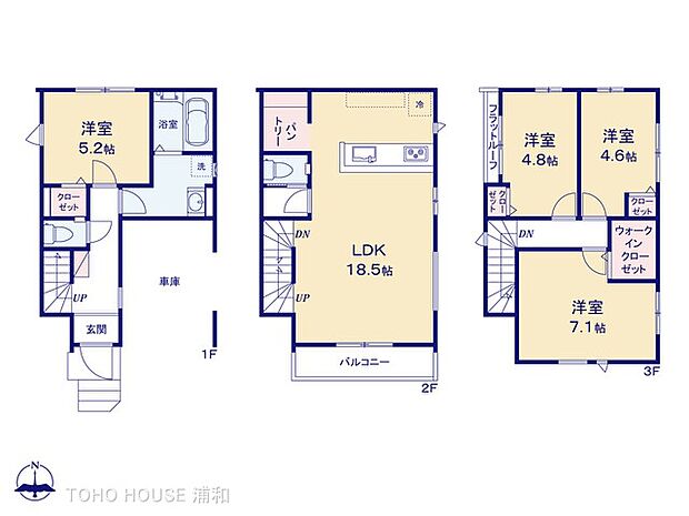【間取】広々18.5帖のLDKとキッチン横の大型パントリースペースが印象的。