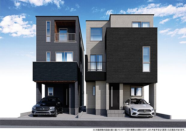 【外観 パース図】堂々たる趣ながら、主張し過ぎずどこか余裕を感じさせるシャープなフォルムで佇む邸宅は、晴天の空と照らし合わせる事で、本来あるべき完成形の姿を見せてくれます。