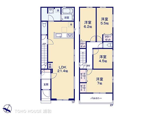 【間取り】2号棟：LDK21.4帖/洋室7帖/洋室6.2帖/洋室5.5帖/洋室4.5帖