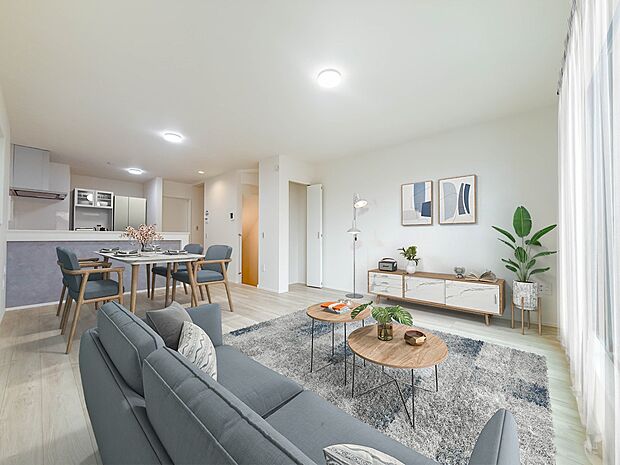 2号棟【LDK17.2帖】インテリアショップで見掛けた「あの家具」も置ける、ゆったりとした空間。時に広さが上質な寛ぎの時間になる事も。