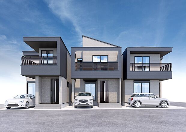 【-完成予想パース-】  堂々たるファザード。優美に佇む外観。暮らす家族と来訪者の目をの楽しませる演出。