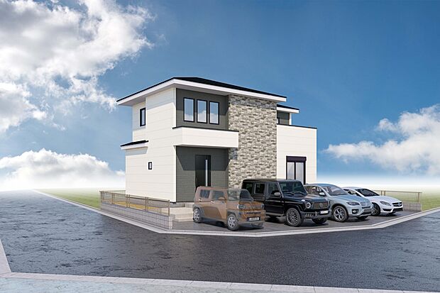 【-完成予想パース-】無垢でモダンな外観と内装は、明るい陽光に映え、心地よく健やかな毎日を楽しむ暮らし方をデザインしました。