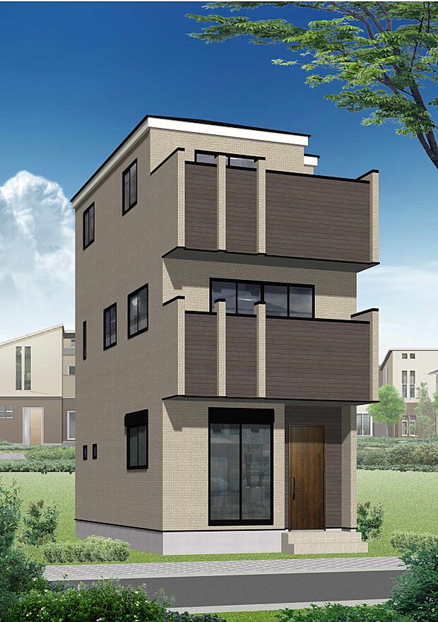 スタイリッシュなスクエアフォルムの邸宅。周辺の街並みと調和し、美しい街並みを描きます。
