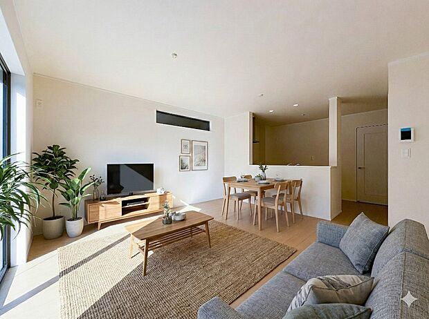 【LDK15帖】シンプルなデザインの家は風情がある。住む人のこだわりを感じる。外観も内装もいたってシンプル。居心地がよく、家事や趣味、子育てなどにも集中できる。※家具はCGです。