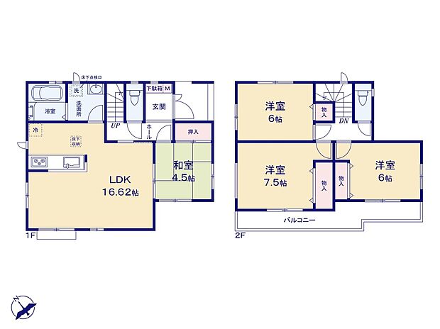 G号棟【間取り】LDK16.62帖/洋室7.5帖/洋室6帖/洋室6帖/和室4.5帖