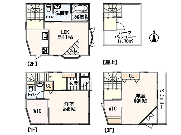 【間取り図】広々WIC×2つ！憧れのルーフバルコニーでプールや花火鑑賞に！