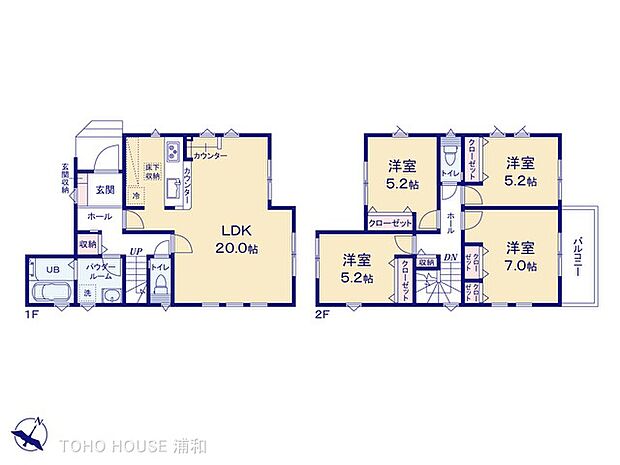 【間取りプラン】LDK20帖・2階4部屋の4LDK・奥行きある広々バルコニーの2階建て