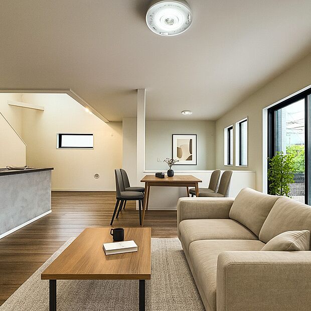 1号棟【LDK23帖超】インテリアショップで見掛けた「あの家具」も置ける、ゆったりとした空間。時に広さが上質な寛ぎの時間になる事も。