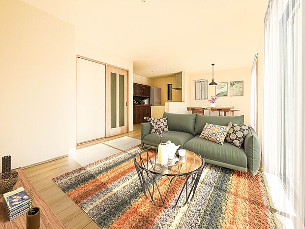 D号棟【ダイニングキッチン】会話でホッとコミュニケーションできるリビング。料理でホッとハピネスになるキッチンなど。人をホッとさせる最新設備・仕様を採用しています。家具はCGで実際につきません…