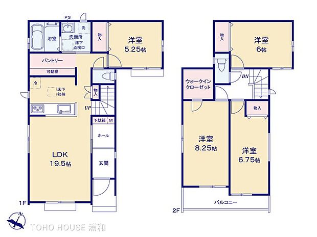 【間取-B号棟-】約19.5帖の広々家族ルームと独立したパントリースペースが特徴。