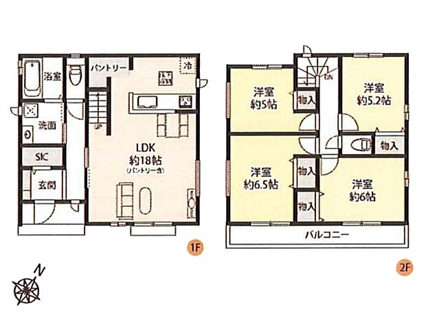 B号棟【間取り】LDK18帖/洋室6.5帖/洋室6帖/洋室5.2帖/洋室5帖