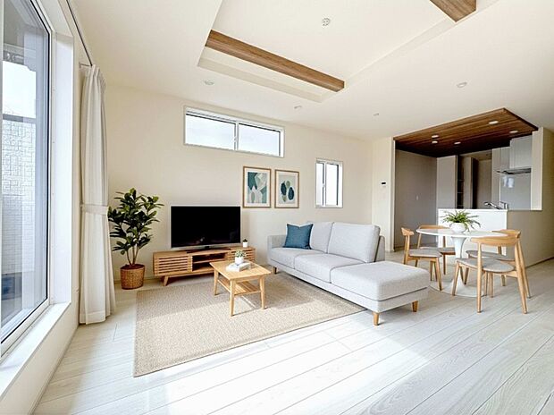 【1号棟 LDK19.8帖】2か所のカウンターを設けた 広々2階フロア・キッチン奥に収納を備えたユーティリティスぺース*AIによる家具や装飾を加工、販売価格には含みません。