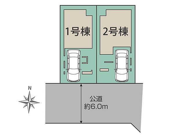 【区画図】南向き整形地2棟・道路正面に公園広場・開放的な眺望の立地