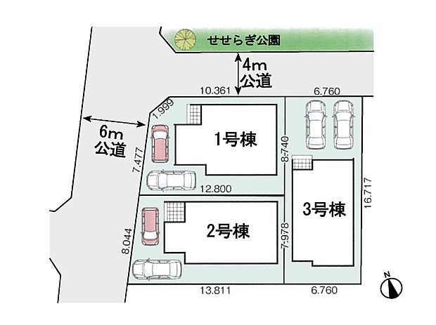 【区画図】1号棟：土地面積: 106.15m2 (32.11坪)2号棟：土地面積: 106.17m2 (32.11坪) 3号棟：土地面積: 113.01m2 (34.18坪)