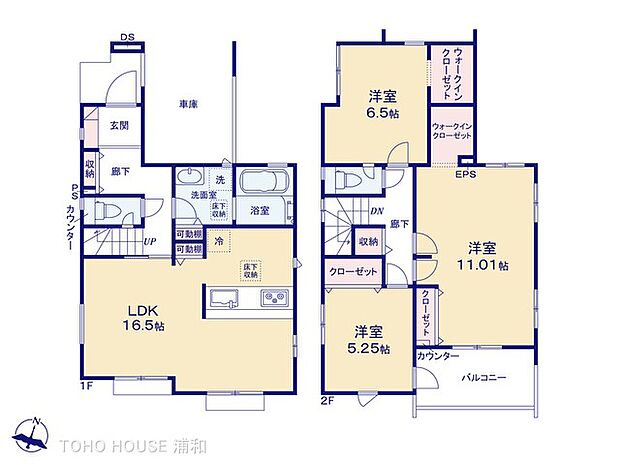 2号棟【間取り図】1階LDK16.5帖、2階11帖・6.5帖・5.25帖